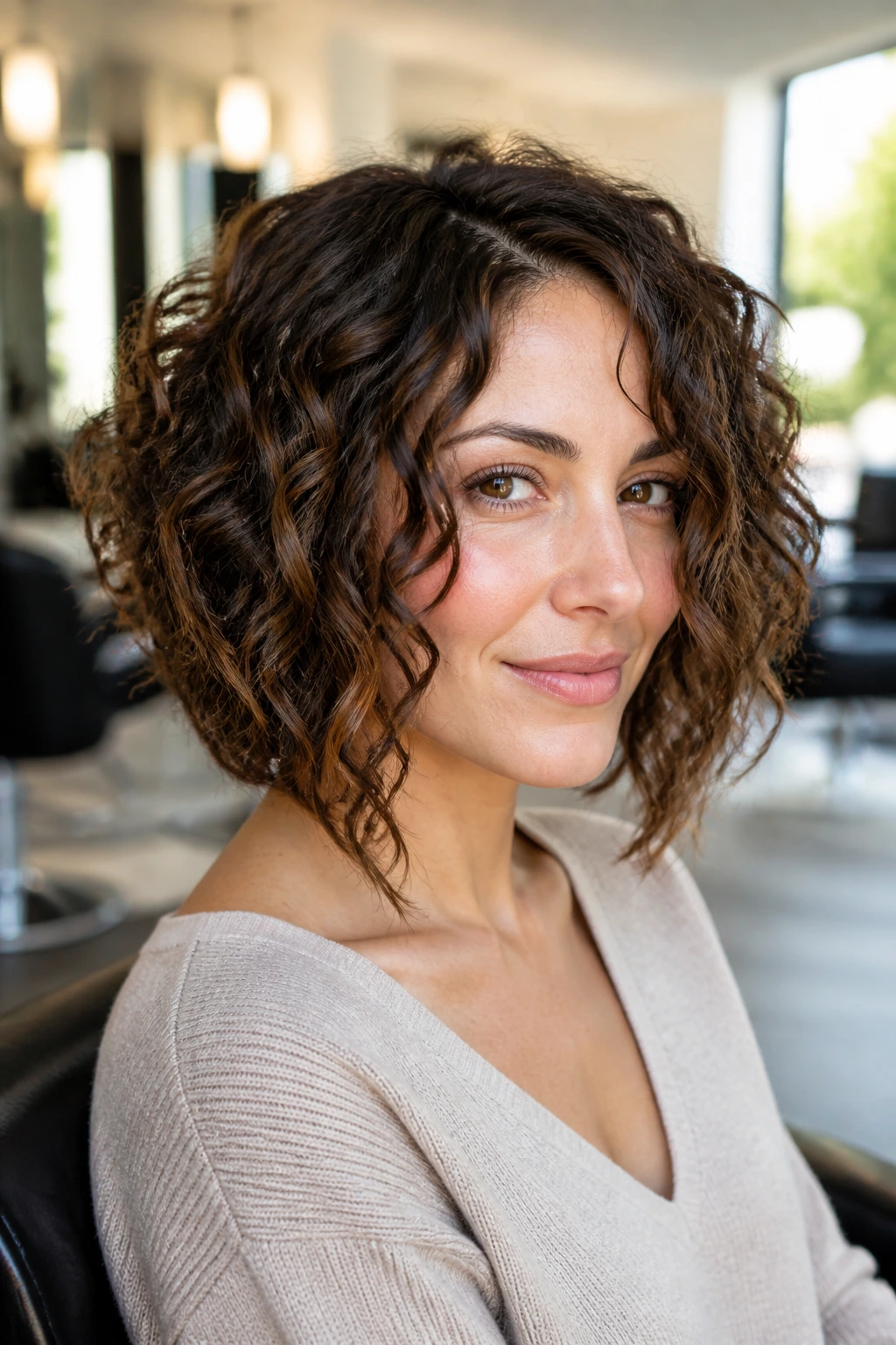 Portrait of a woman with an A-line bob and longer front pieces.