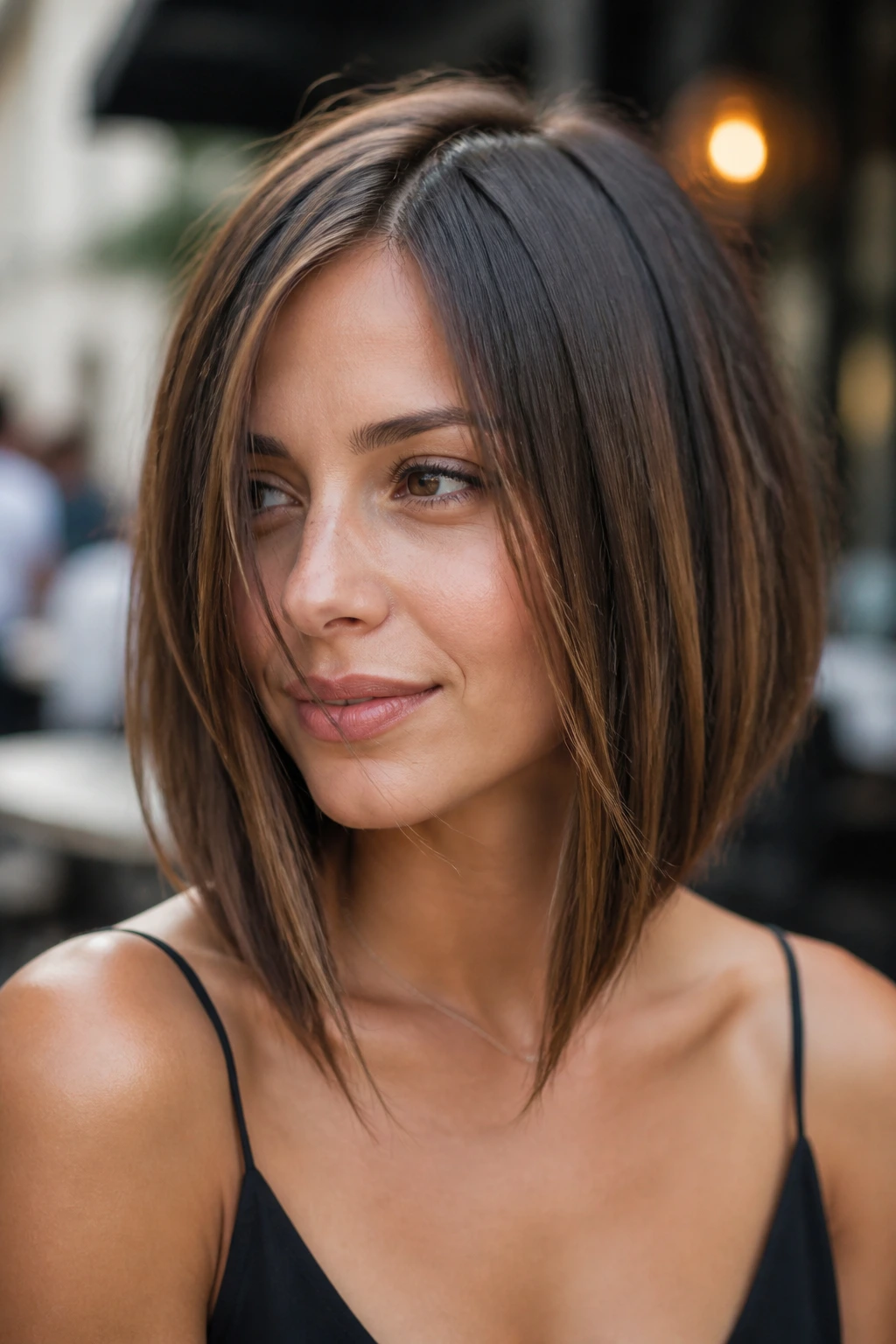 Close-up of a real woman with an A-line bob and longer front pieces.