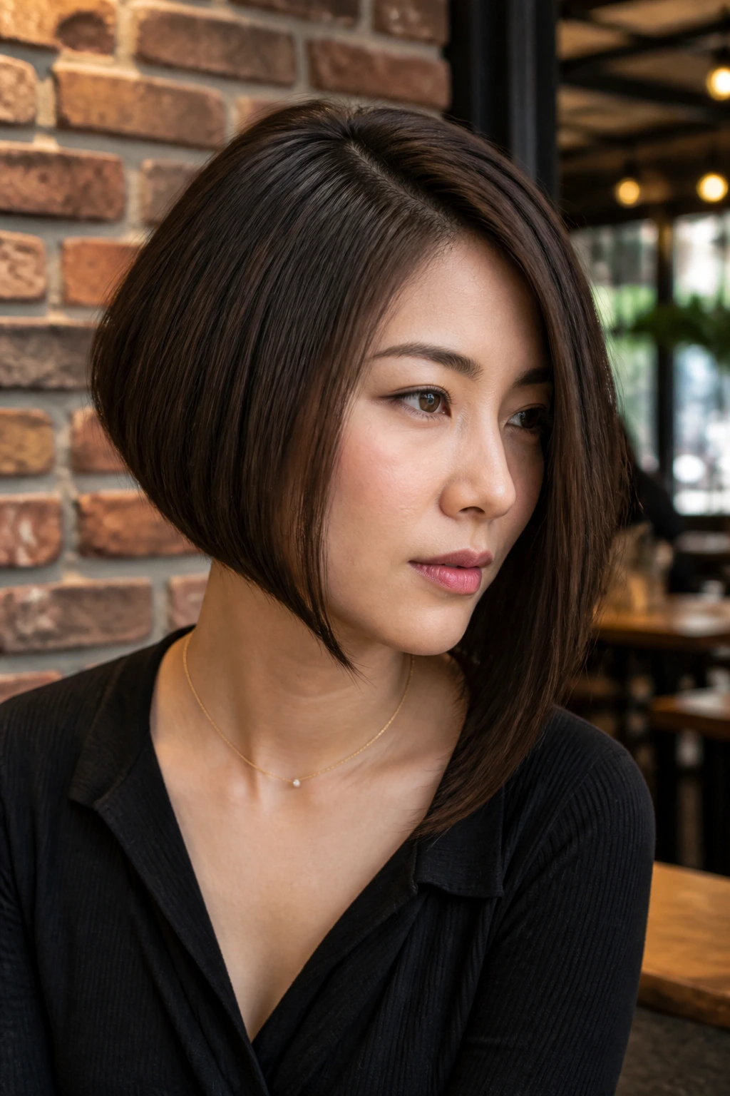 Close-up portrait of a real woman with A-Line Bob with Longer Front in an urban cafe