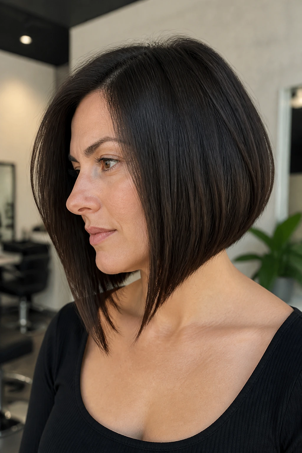 Close-up of A-line bob with longer front corners on a real person