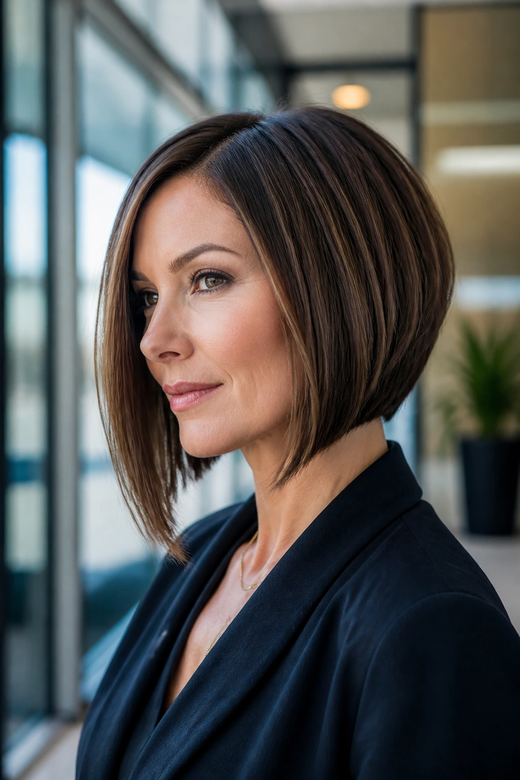 Close-up of a real woman with an A-line bob showing subtle internal movement in a professional office setting