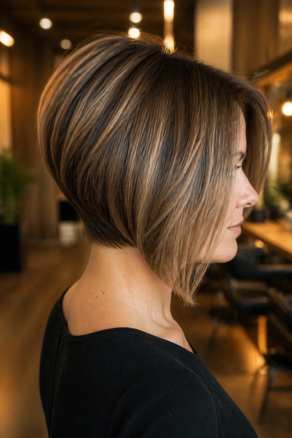 Head-and-shoulders portrait of a person with an A-line bob and tapered nape
