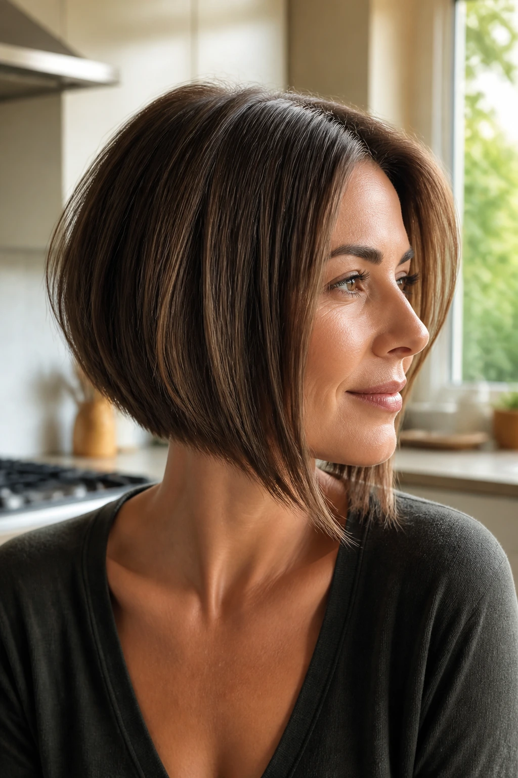 Close-up portrait of a woman with an A-line bob, back nape shorter and front longer, in a sunlit kitchen.