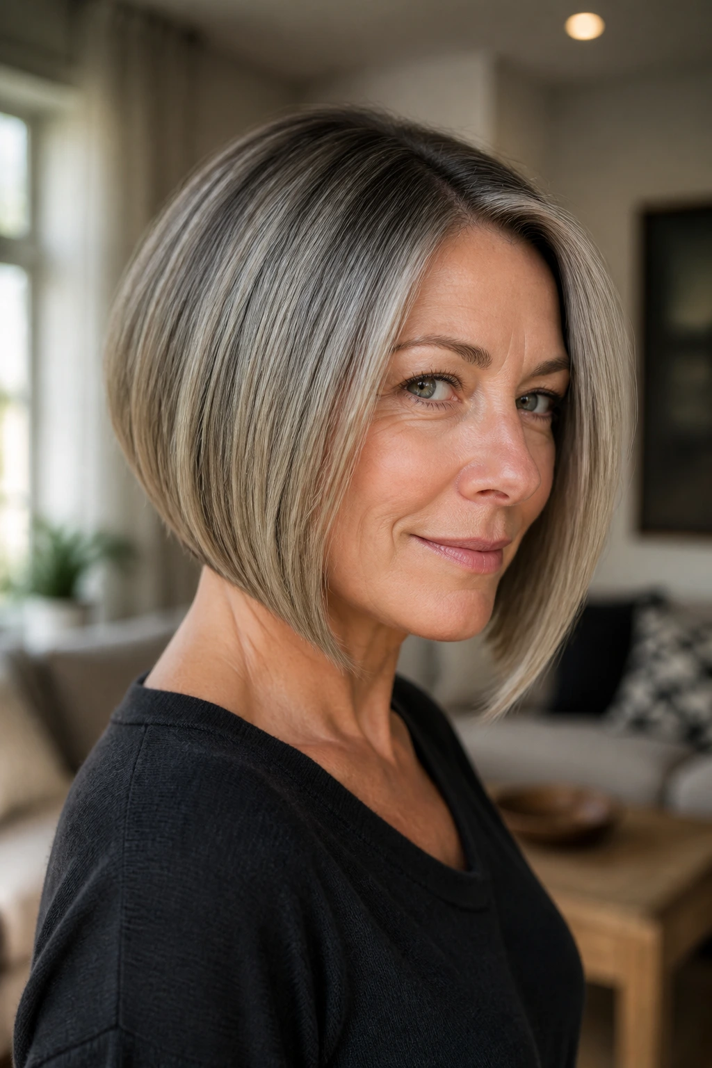 Portrait of a woman with an A-line bob showing shorter back and longer front.
