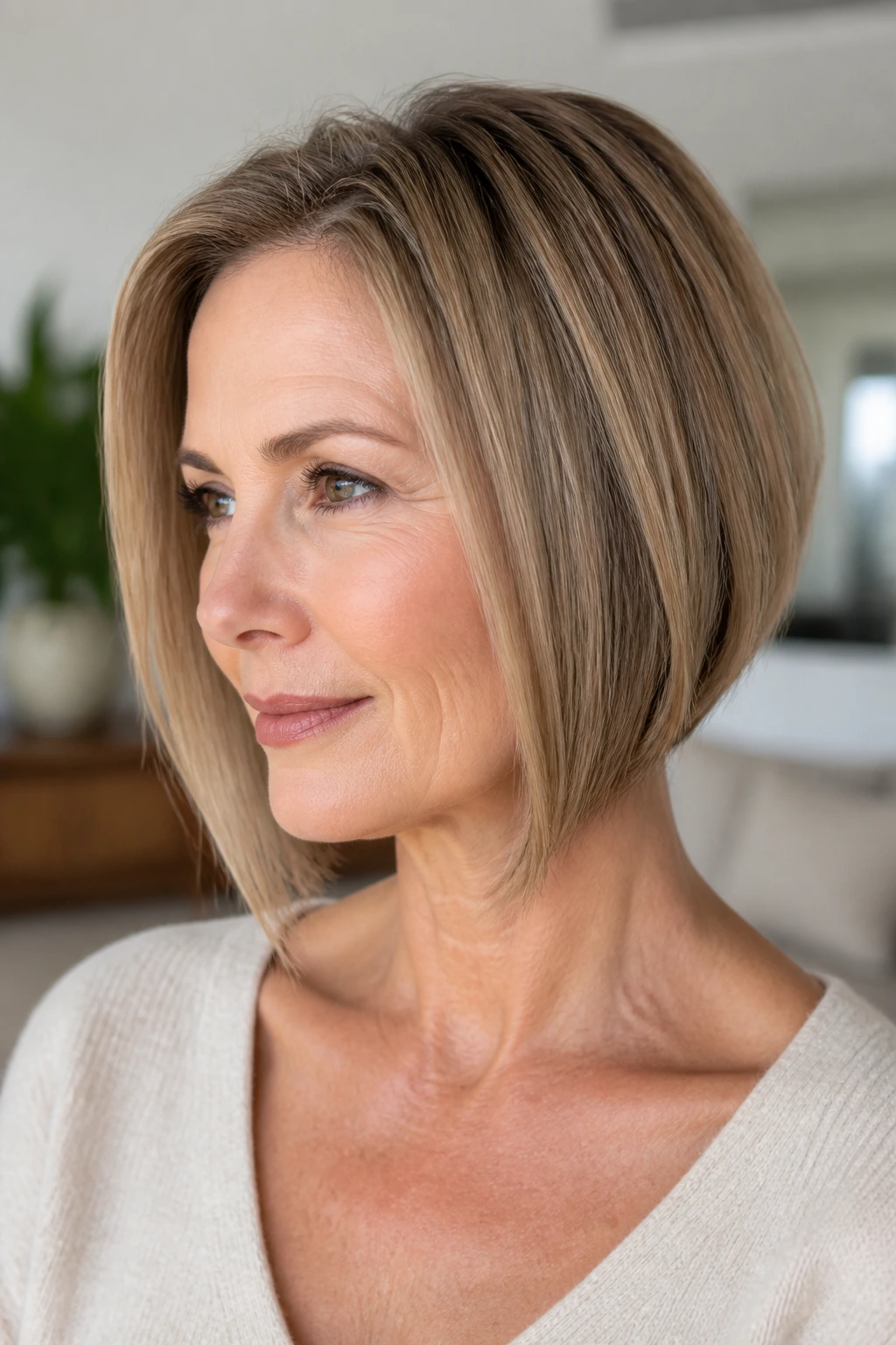 Real woman wearing an A-line bob with forward-swinging silhouette.