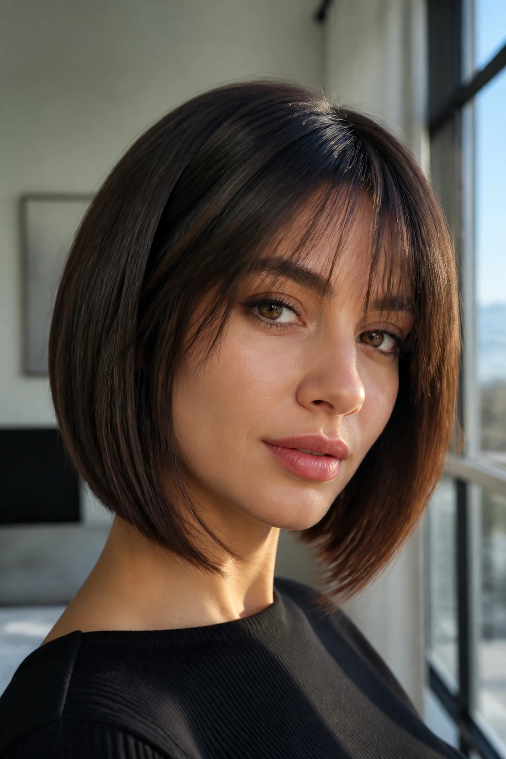 Real woman with A-line bob and see-through bangs by urban window light