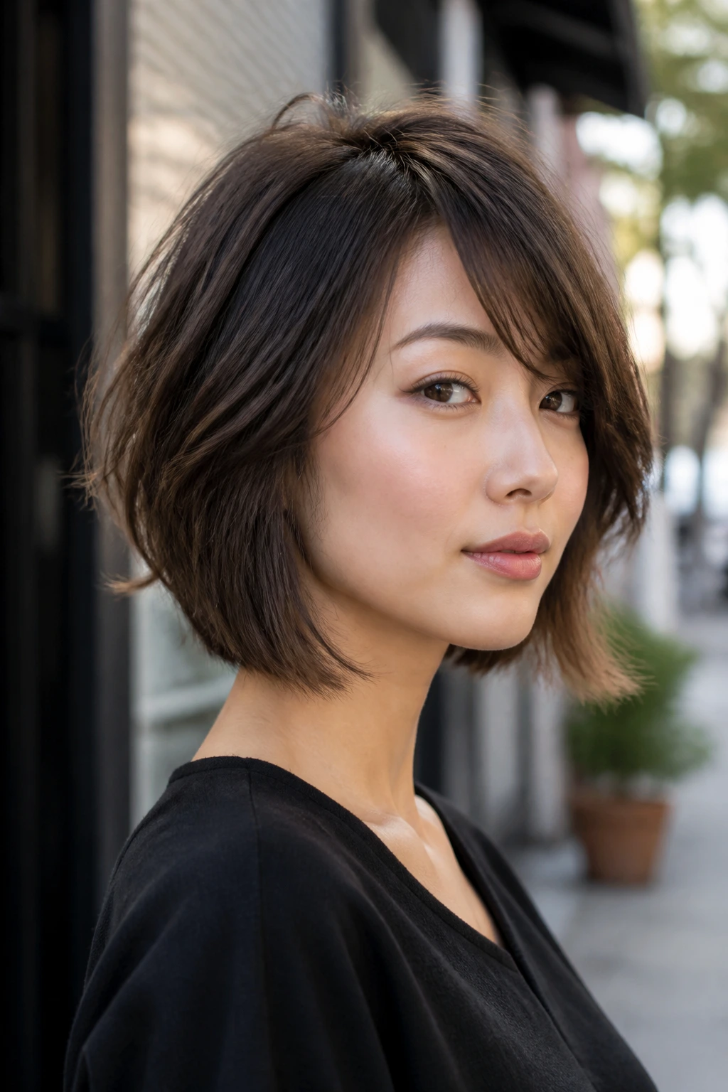 Portrait of a woman with an A-line bob and side-swept bangs on an urban sidewalk.