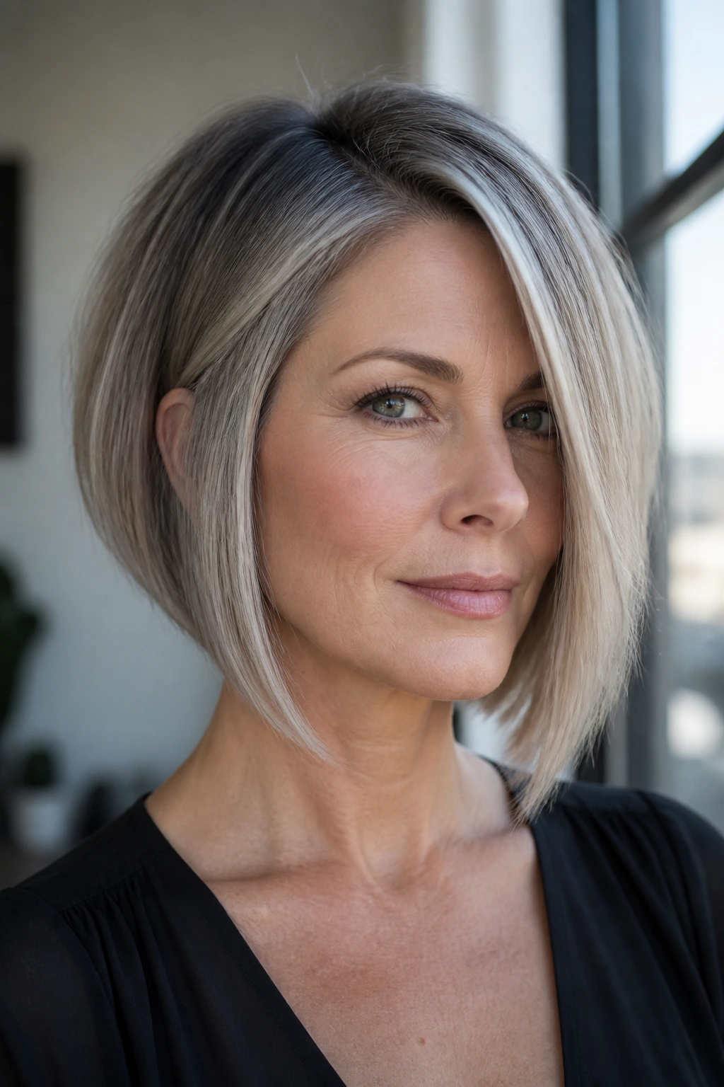 Portrait of a woman with an A-line bob and slate blonde depth at the roots.