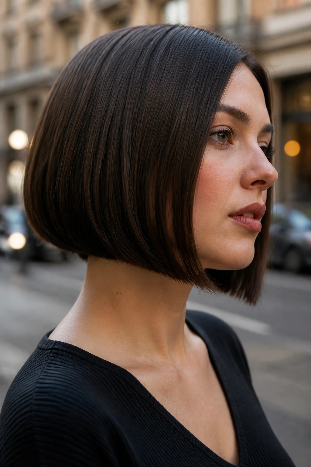 Portrait of a real woman with a precise A-line bob that visually slimms the face.
