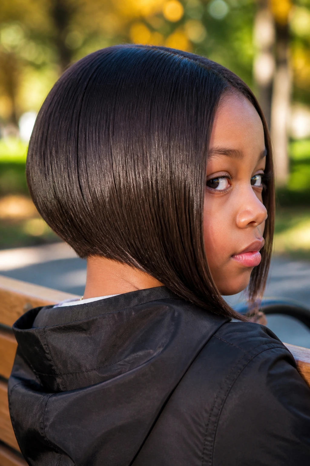 Child with A-line bob and slim nape in outdoor daylight