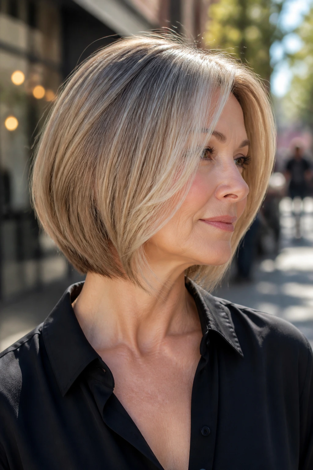 Close-up portrait of a real woman in an A-line bob with soft graduation.