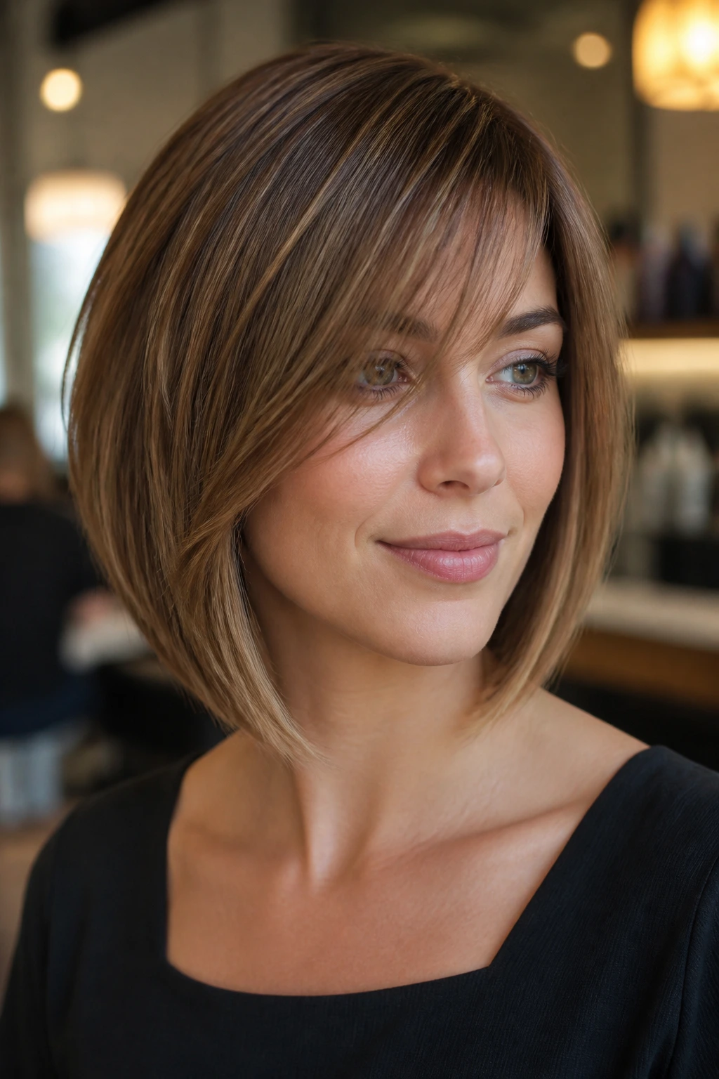Close-up portrait of a real woman with an A-line bob and soft side bangs