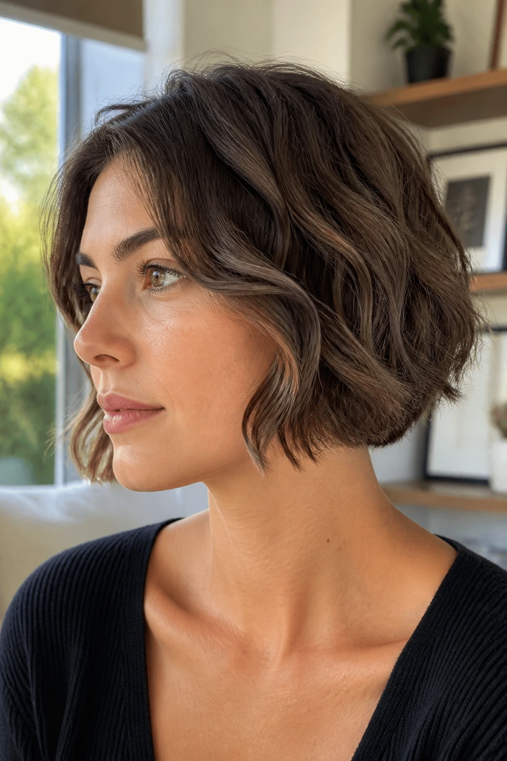 Close-up of a real person with a soft A-line bob
