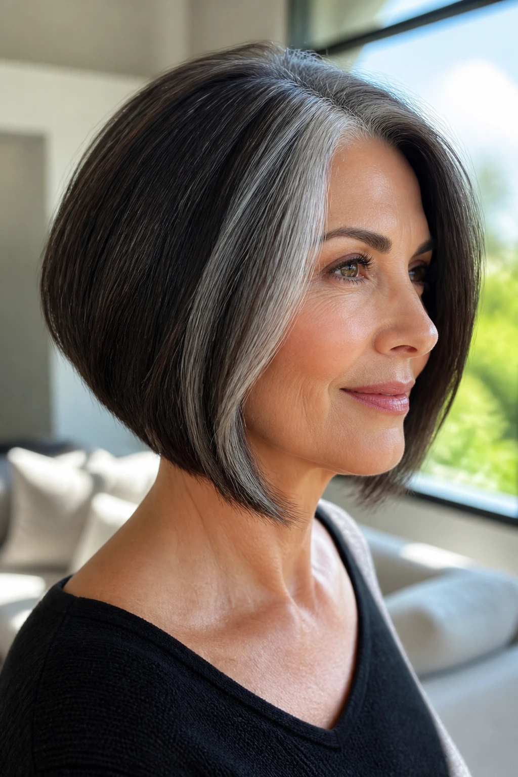 Portrait of a real person with an A-line bob tapering toward the face under natural light