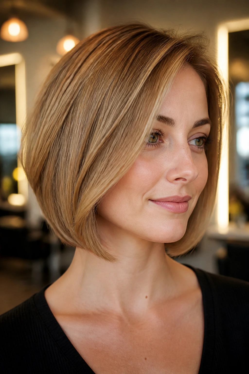 Close-up portrait of a real woman with an A-Line Bob with tucked ends in a warm salon.