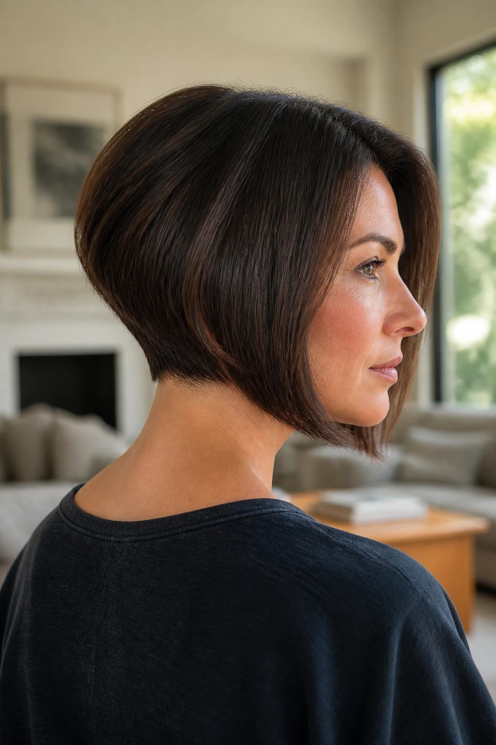 Real woman with A-line bob tucked at the nape