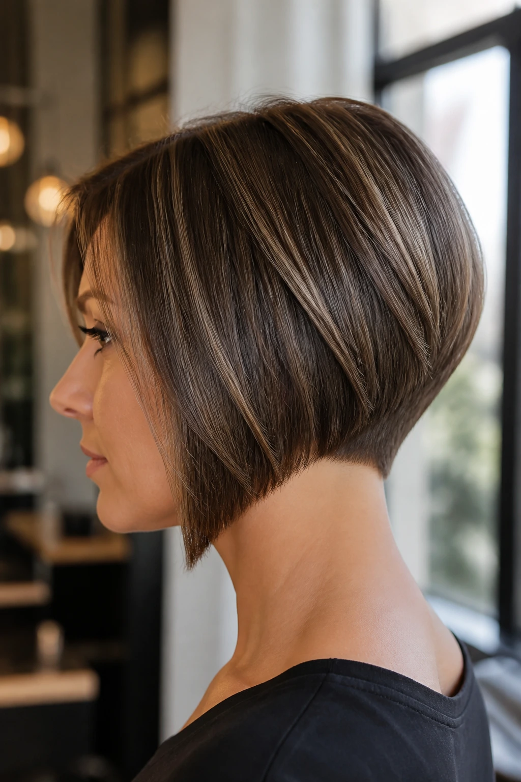 Close-up portrait of a real woman with an A-line bob and tucked nape in a salon.