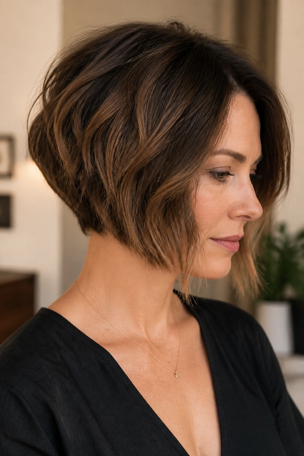 Portrait of a person with an A-line bob and tucked nape.