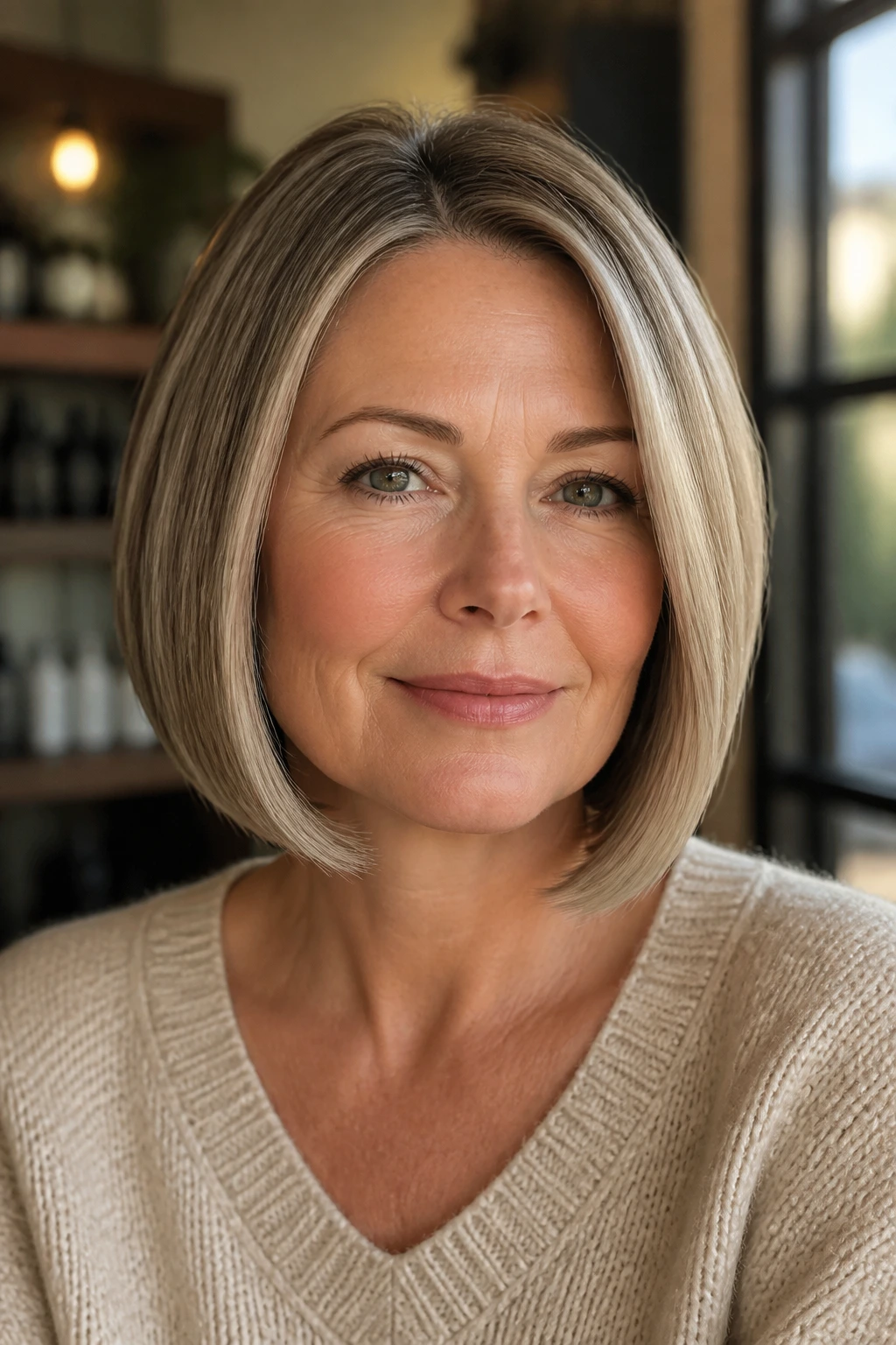 Portrait of a real woman with A-line bob tucked-under ends softening square jaw