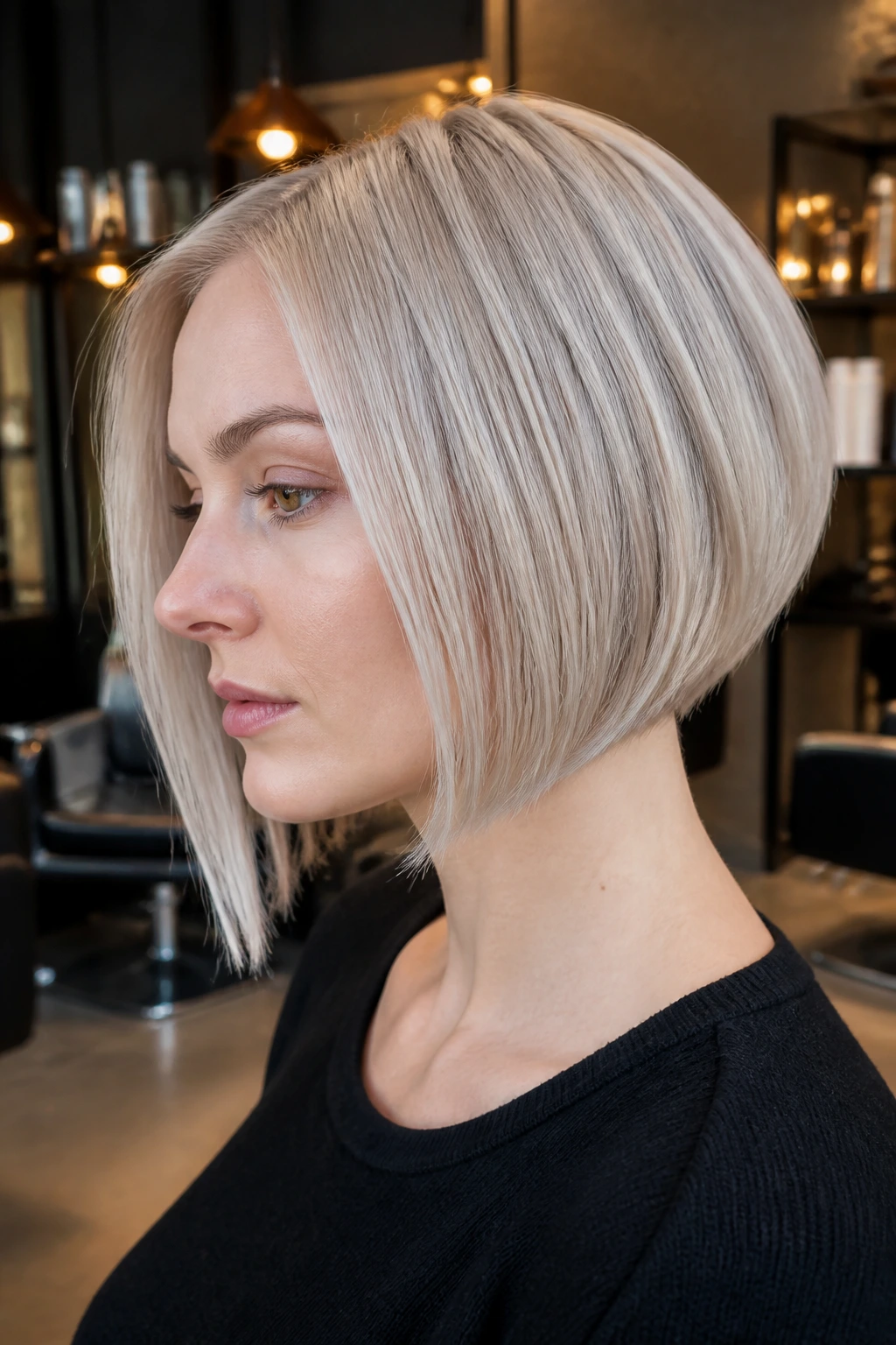 Close-up portrait of a real person with a steel blonde A-line bob with underbeveled ends in a salon setting