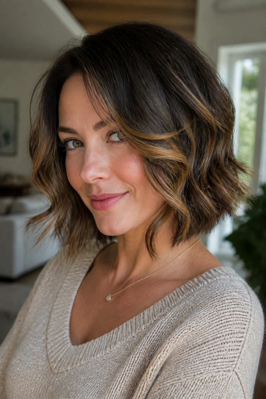 Portrait of a real woman with a soft-wave A-line bob variation.