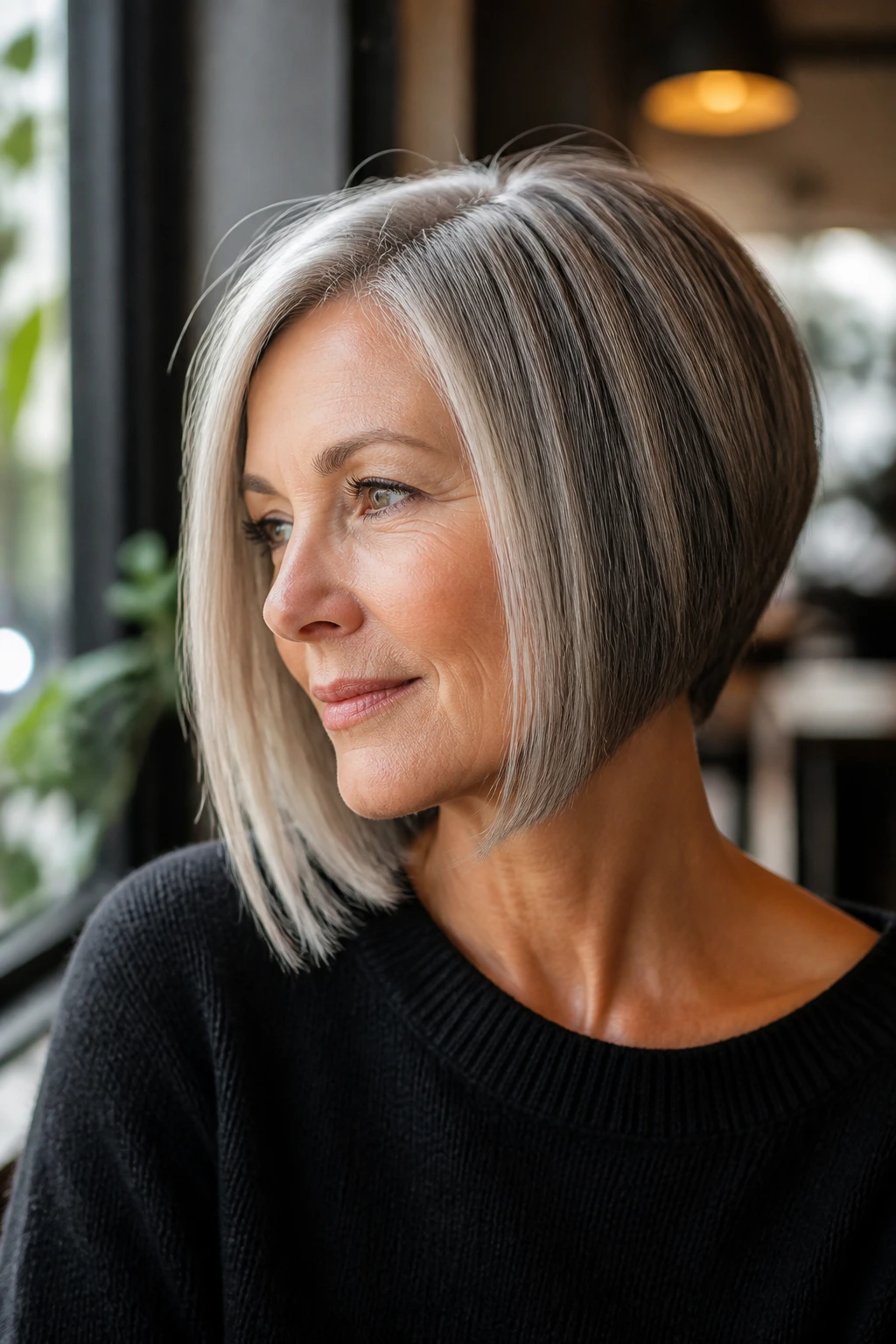 Close-up portrait of a real woman with an A-line chin bob in warm daylight