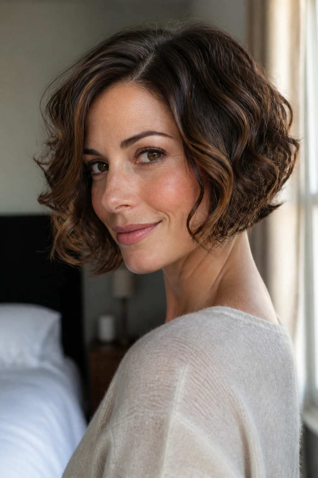 Close-up of real woman with A-line curl bob under warm bedroom light