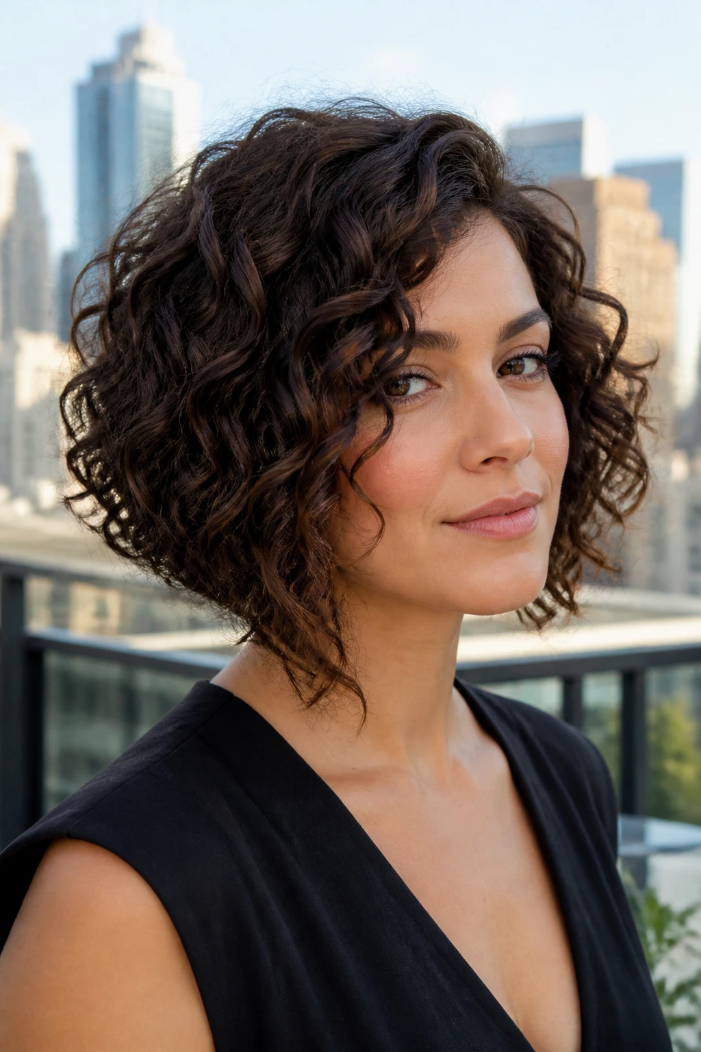 Real woman wearing angled A-line curly bob with longer front pieces.