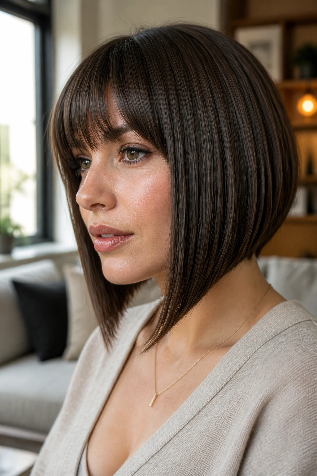 Portrait of a woman with A-line bob showing diagonal front line guiding gaze downward