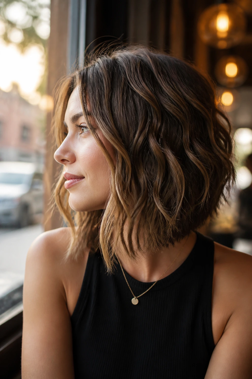 Side-profile of woman with A-line lob and front longer pieces in soft daylight