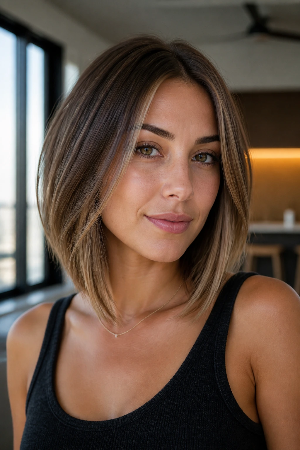 Profile close-up of a woman with A-line lob and lifted nape, warm interior light.
