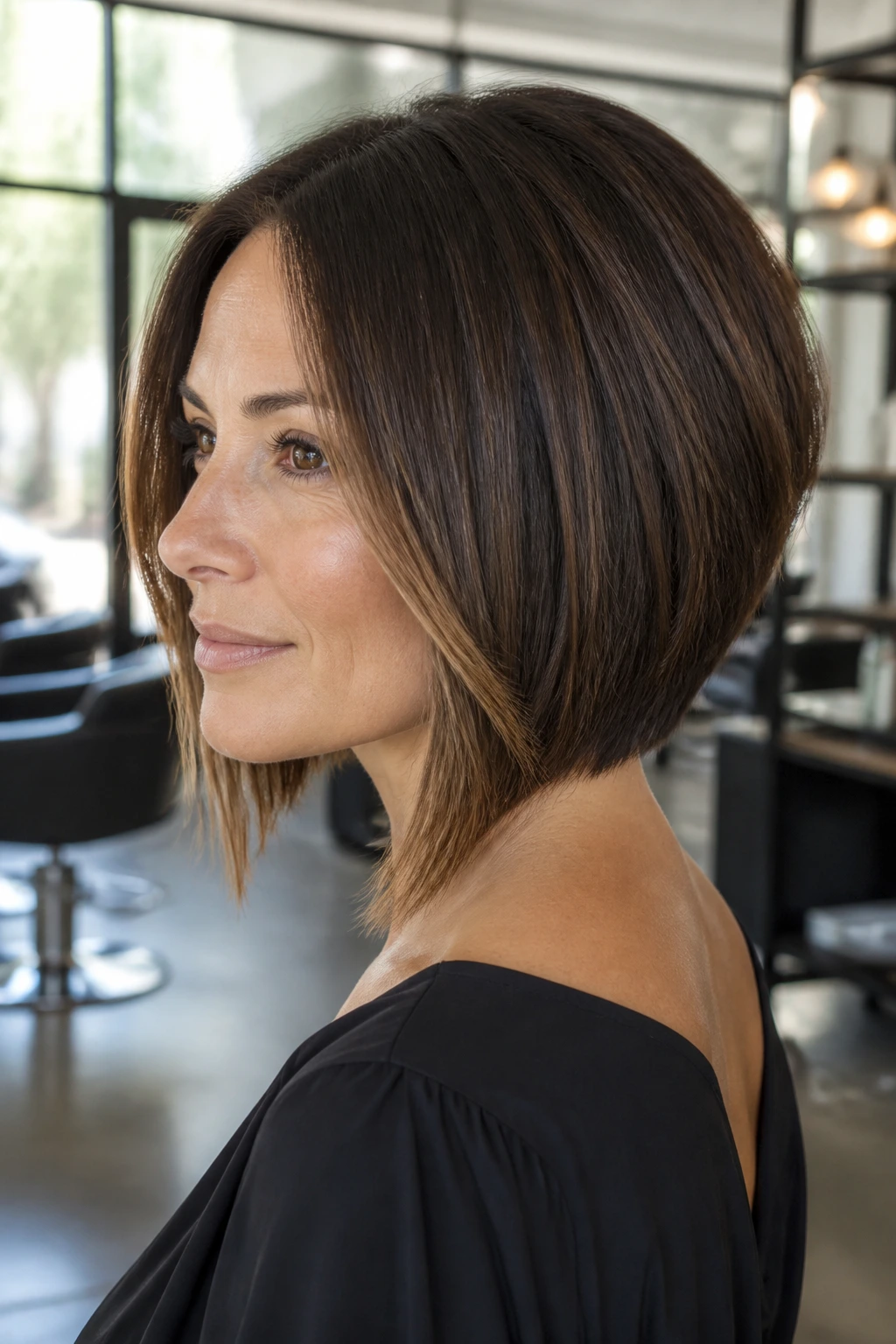Three-quarter portrait of woman with A-line lob showing back lift