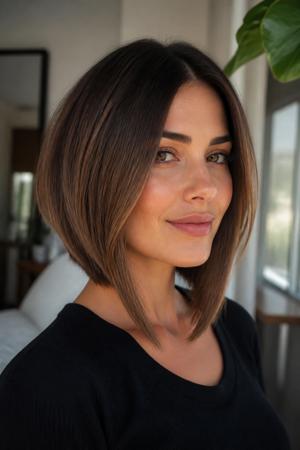 Portrait of a woman with an A-line lob and longer front pieces in natural light