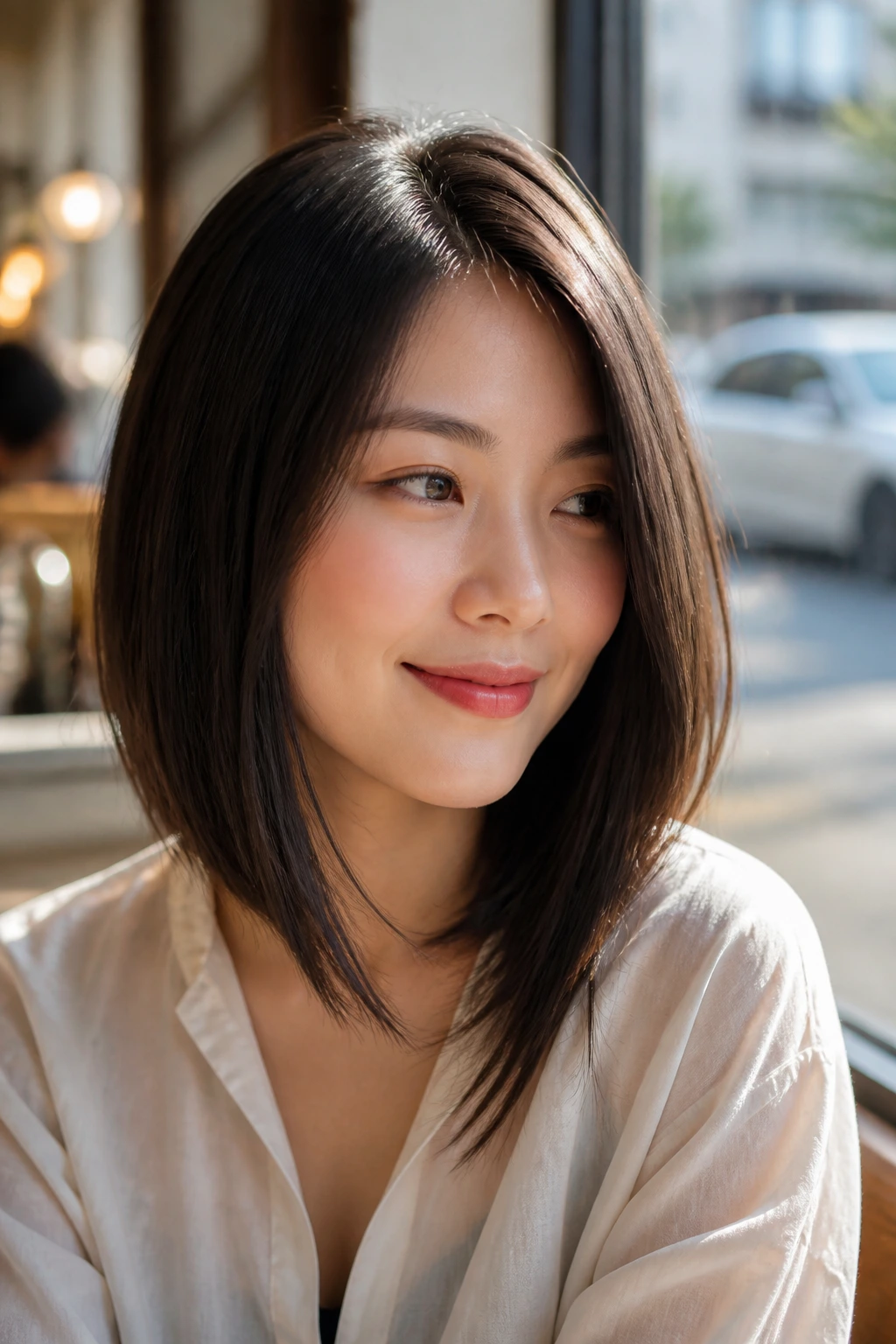 Close-up of a woman with an A-line lob and longer front.