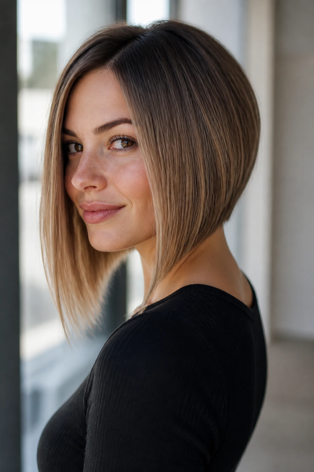 Close-up portrait of a real person with an A-line lob and tapered back in daylight