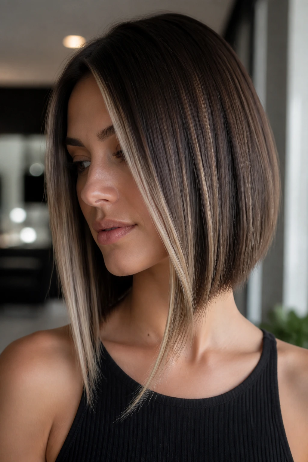 Real woman with A-line lob and ribbon highlights around jawline.