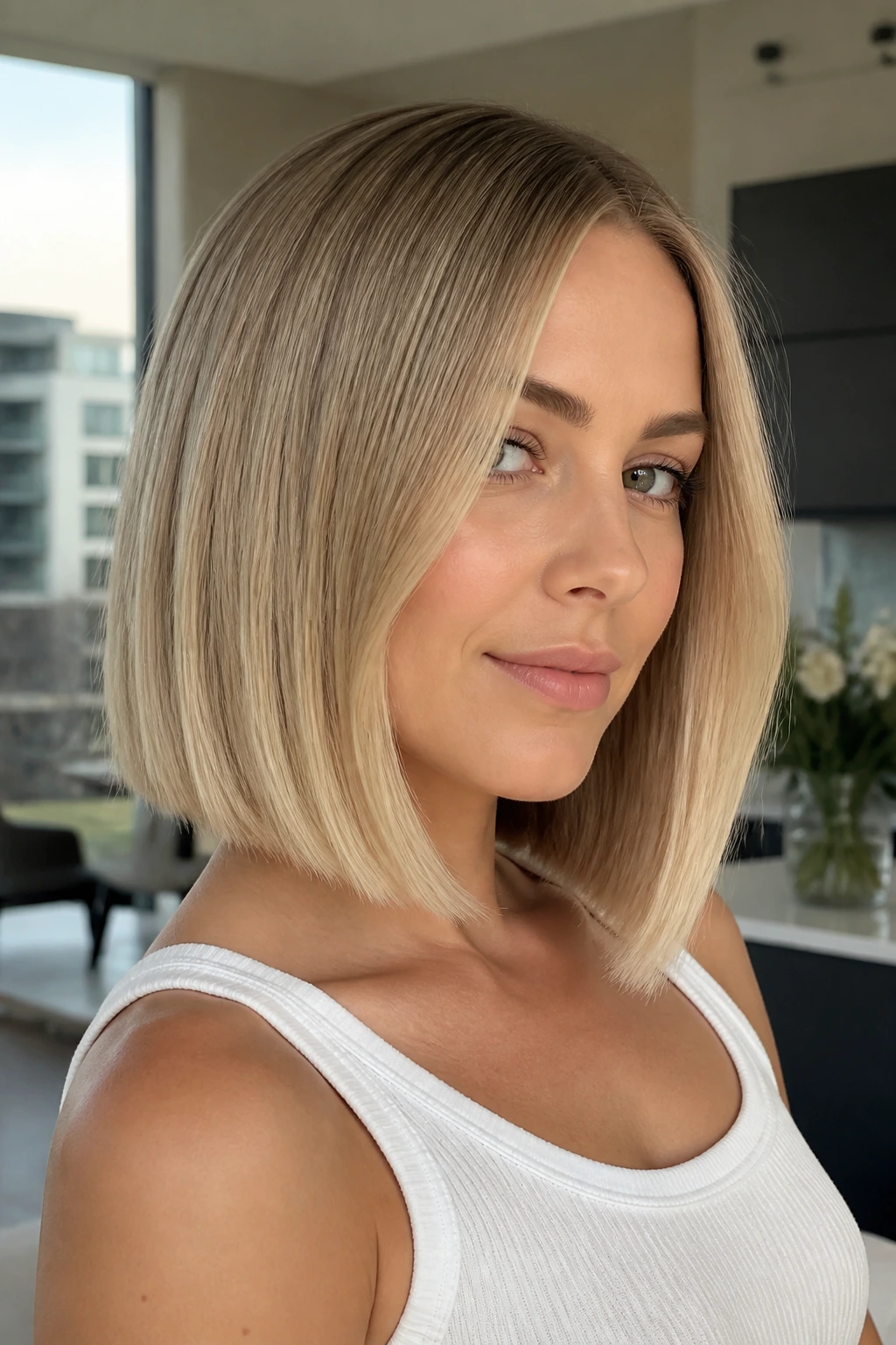 Close-up of real woman with A-line lob and smooth finish in bright room