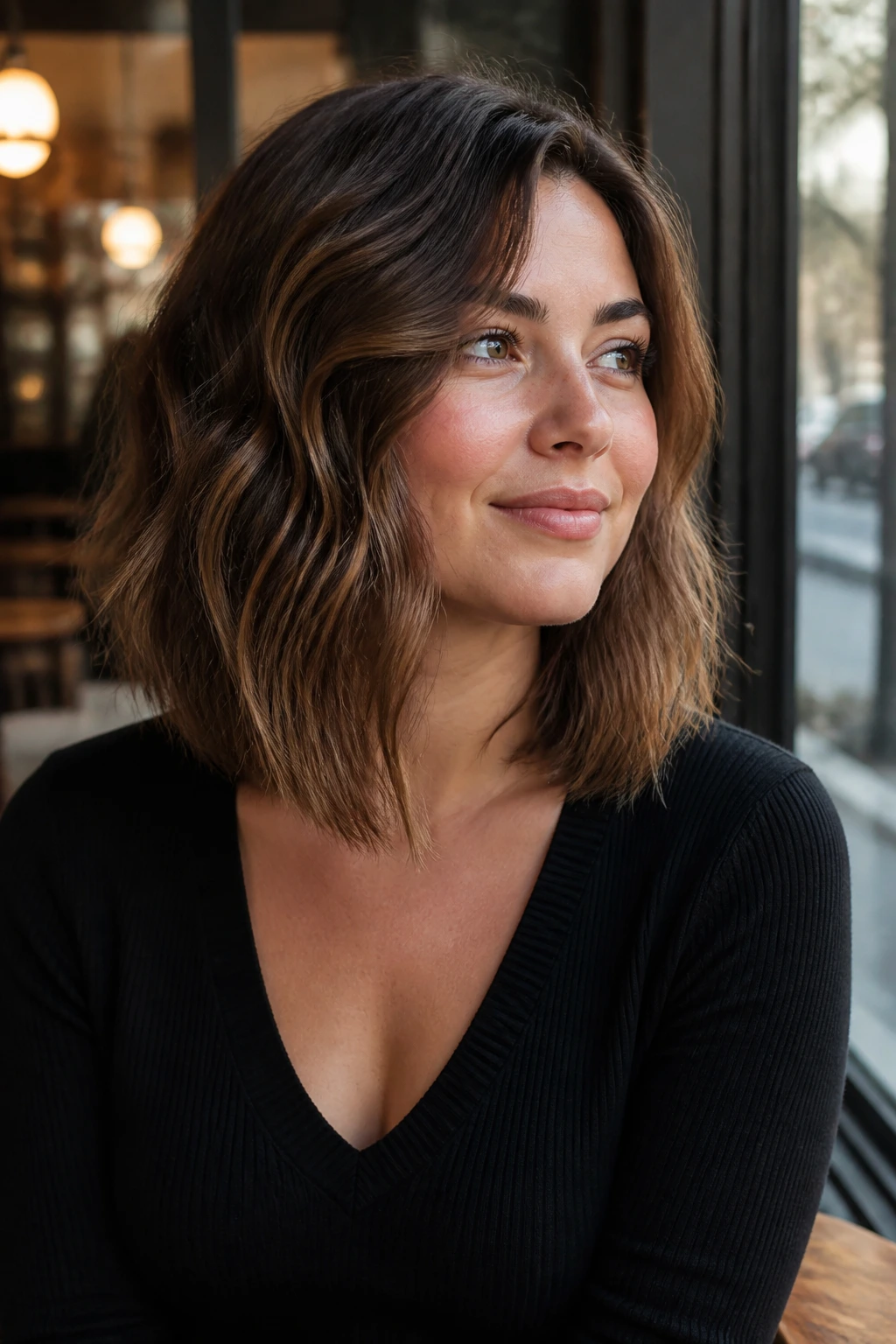 Real woman with A-line lob and soft front angle near a cafe window