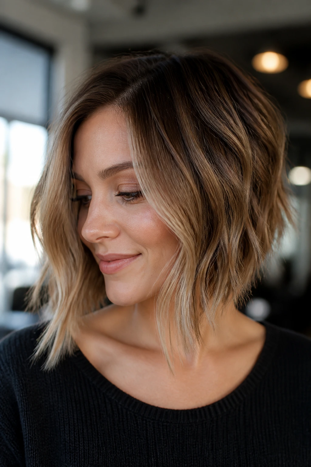 Close-up portrait of a real woman with an A-line lob and soft front angle
