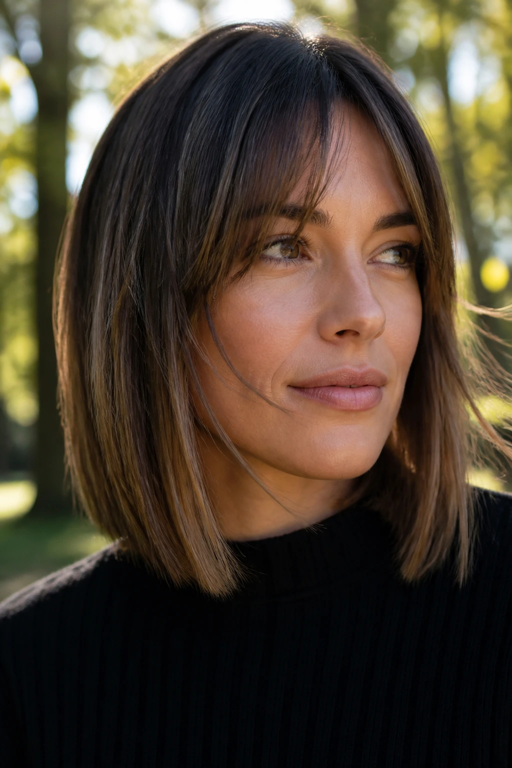 Real woman with an A-line lob and soft split fringe in a sunny park
