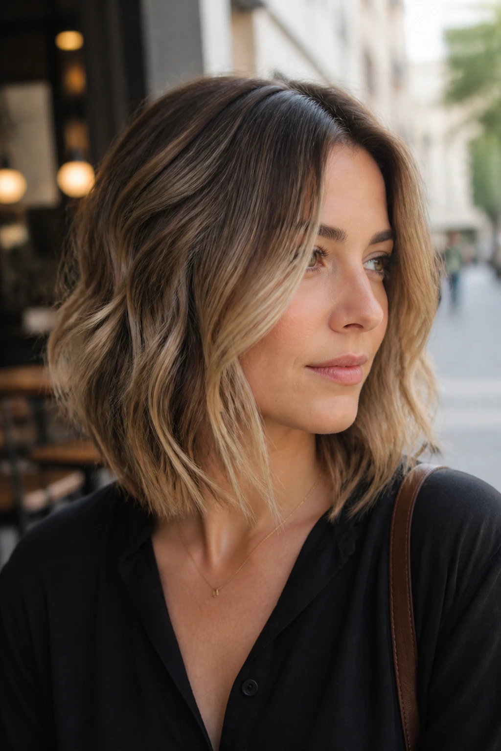 Real woman with soft A-line lob showing diagonal front length and subtle waves