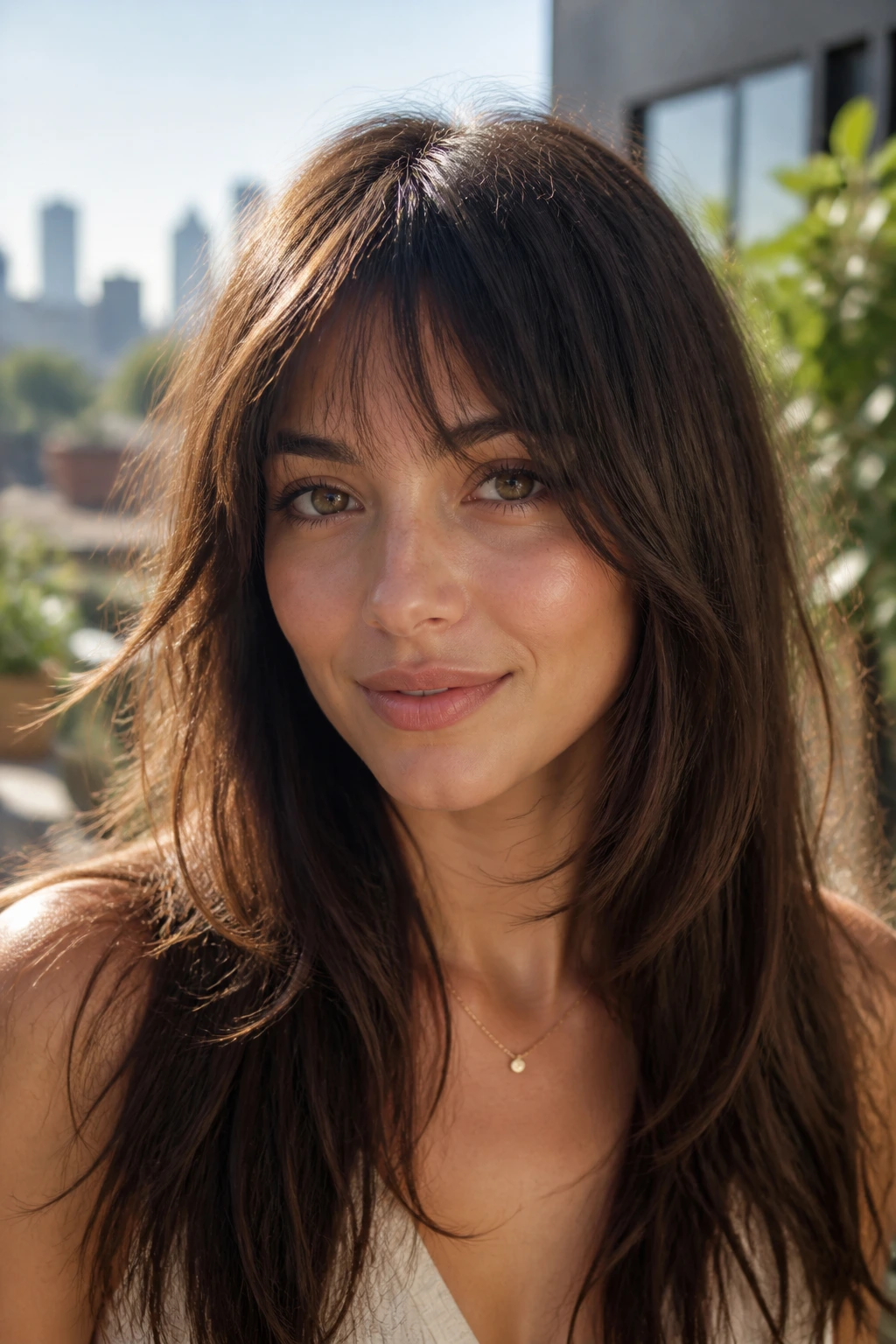 Close-up portrait of a woman with A-line razor fringe and lifted center on a sunny rooftop