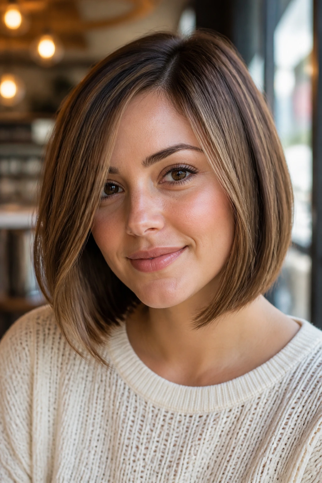 Portrait of a person with an A-line shape bob shaping the face