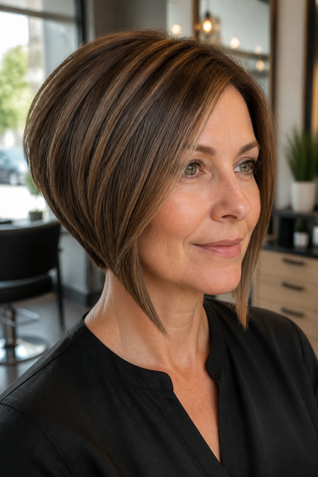 Portrait of a woman with sleek A-line stack and long front corners.