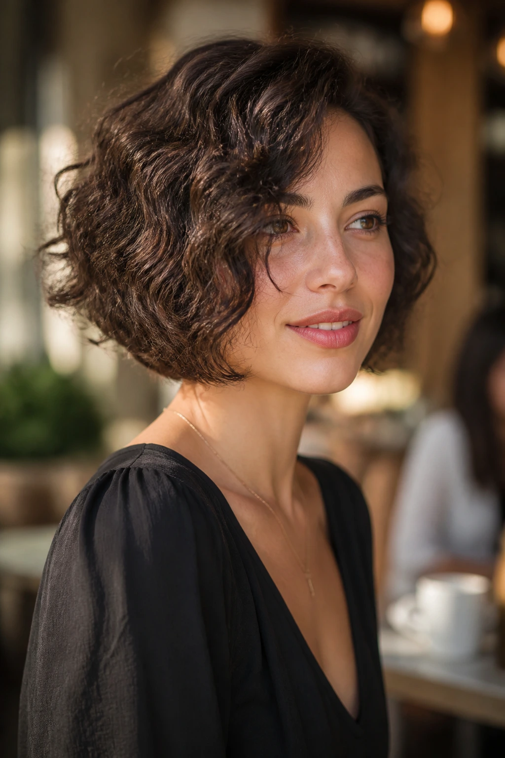 Real woman with A-line swing bob in cafe light.