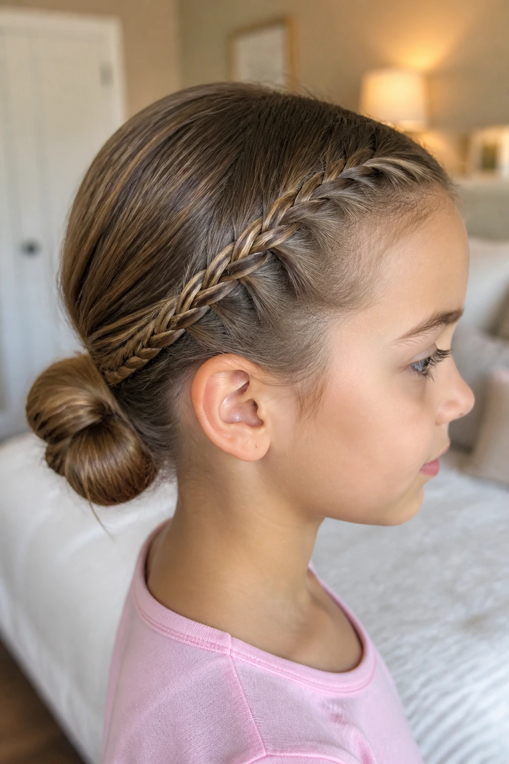 Young girl with an accent braid leading into a low bun at the back of the head