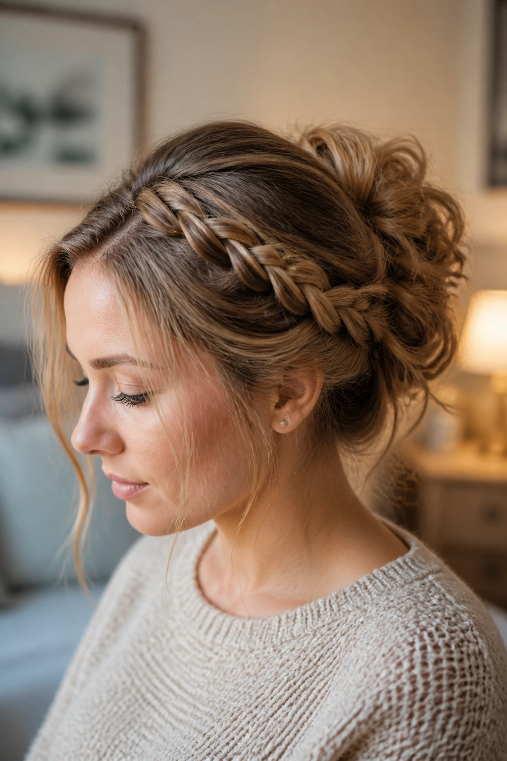 Portrait of a real woman with an accent braid into a loose messy bun