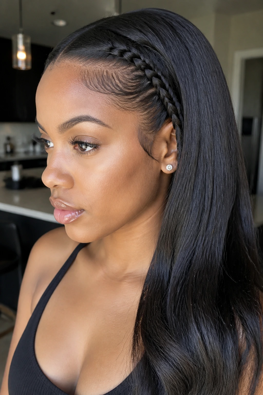 Close-up of a real woman with an accent braid on a sleek blowout