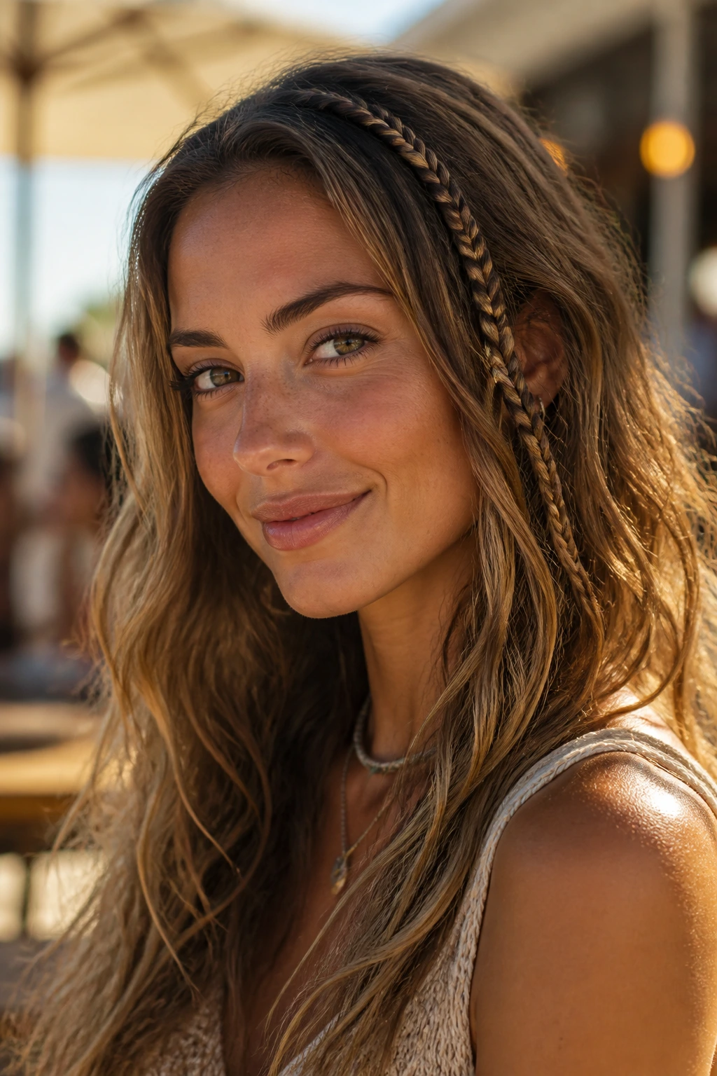 Close-up of a real woman with an accent braid stack tucked into loose beach waves