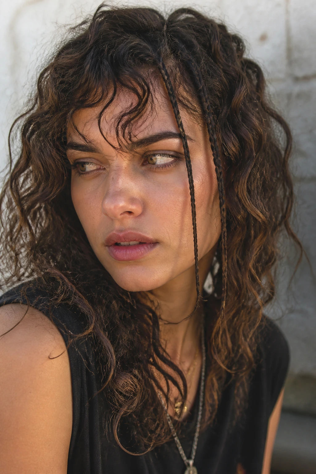 Close-up of a real woman with tiny clip-in braids among loose curls